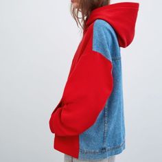 Zara-Oversized Denim/Red Hoodie Unique Style Hoodie For Women With Tags Size: S (But It Is Oversized Hoodie) Never Used!! Ready To Ship! Please Read Descriptions Carefully & Look At All Photos. Barbie Sweatshirt, Zara Sweatshirt, Colorful Sweatshirt, Hoodie For Women, Hoodie Jumper, White Crewneck, Striped Hoodie, Style Hoodie, Grey Pullover