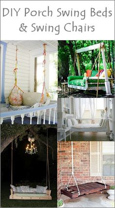 diy porch swing beds and swing chairs are featured in this collage with photos