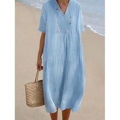 Season:Summer,Spring; Fabric:Cotton; Sleeve Length:Short Sleeve; Look After Me:Machine wash; Gender:Women's; Style:Basic,Modern; Elasticity:Inelastic; Occasion:Daily,Weekend; Fit Type:Loose Fit; Dresses Type:Cotton Summer Dress,Casual Dress; Pattern:Plain; Neckline:V Neck; Front page:FF; Listing Date:03/14/2024; Production mode:External procurement; 2024 Trends:2023; Bust:; Length:; Fit US Size:null; Fit UK Size:null; Fit EU Size:null; Dress Length Type:Midi Dress; Print Type:non-printing Robes Glamour, Cotton Linen Dresses, Linen Skirt, Vintage Glamour, Dress Elegant, Boho Stil, Flowy Dress, Spring 2024, Odessa