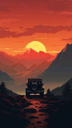 a jeep driving down a dirt road in front of a mountain range with the sun setting