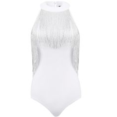 The halter-neck and fringe trim create a flattering and feminine silhouette, accentuating your curves in all the right places. Made from good quality, lightweight, and breathable fabric, this romper is perfect for warmer weather. You'll stay cool and comfortable while looking better. The fringed design will make the whole dress more beautiful. This fringe bodysuit romper is made up of several design points: tassel fringe trim, halter neck, snap crotch on the bottom, keyhole back, sleeveless, and Glamorous Sleeveless Club Bodysuit, High Neck Bodysuit For Spring Parties, Spring Party High Neck Bodysuit, Glamorous Sleeveless Summer Bodysuit, Summer Party Halter Top With Fringe, Summer Party Fringe Halter Top, Summer Fringe Halter Top For Party, White Sleeveless Party Bodysuit, Sleeveless Summer Bodysuit For Evening