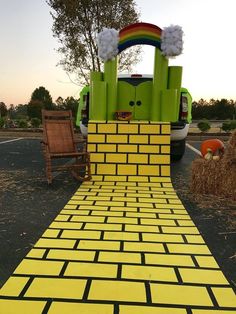 a yellow and black walkway made out of bricks