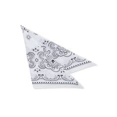 a white bandana with black and white paisley print on the front, folded in half