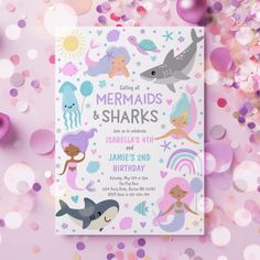 mermaids and sharks birthday party with confetti on the table, pink background