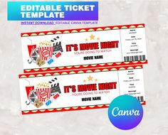 two editable movie ticket templates with red and white popcorn boxes on the front