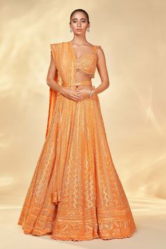 Nitika Gujral | Orange Net Embroidered Lehenga Set | INDIASPOPUP.COM Designer Orange Lehenga With Intricate Embroidery, Anarkali Orange Lehenga With Intricate Embroidery, Designer Orange Lehenga With Mirror Work, Orange Anarkali Lehenga With Mirror Work, Designer Wear Orange Lehenga With Mirror Work, Anarkali Style Orange Lehenga With Mirror Work, Designer Orange Choli With Sheer Dupatta, Designer Orange Choli With Intricate Embroidery, Designer Wear Orange Choli With Intricate Embroidery