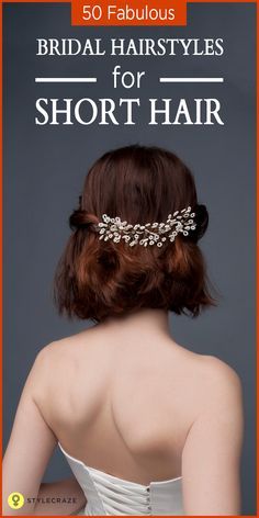 the cover of 50 fabulous bridal hairstyles for short hair, with an image of a woman's back