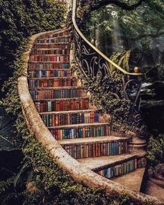 a staircase made out of books is surrounded by greenery and trees in the background