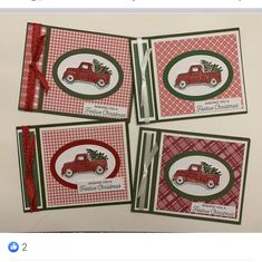 four cards with red and green designs on them, each featuring a truck carrying a christmas tree