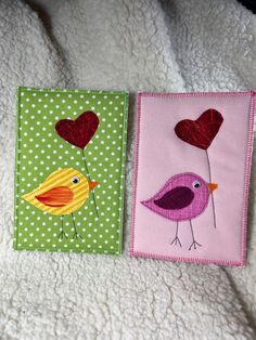 two handmade cards with birds and hearts on them