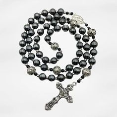 Black Hematite Beads Rosary Necklace Natural Stones & Metal Beaded Miraculous Medal Black Gothic Jewelry With 8mm Beads, Hematite Round Beads For Jewelry Making, Silver Hematite Round Beads Jewelry, Silver Hematite Necklace With 8mm Beads, Silver Hematite Jewelry With Round Beads, Silver Beaded Necklace With Black Hematite Beads, Black Hematite Beaded Necklaces With Round Beads, Silver Hematite Beaded Necklace With Gemstone Beads, Hematite Bead Necklaces As Gifts