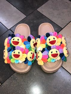 Cute custom designed slides. HANDMADE☺️ Please allow up to 7 days for processing! (normally done faster) Cute Spring Slides, Spring Multicolor Slide Sandals, Murakami Flower Crochet, Multicolor Spring Slides, Purple Murakami Flower, Fun Non-slip Slides, Takashi Murakami Flower Bedroom, Murakami Flower Pillows, Yarn Slides