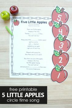 the five little apples song is displayed on a table