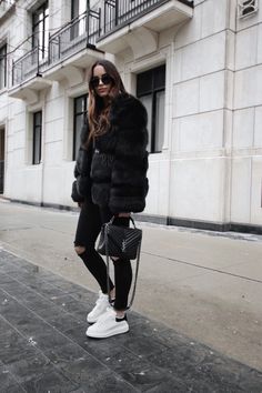 Black fur outfit and Alexander McQueen sneakers Sac Yves Saint Laurent