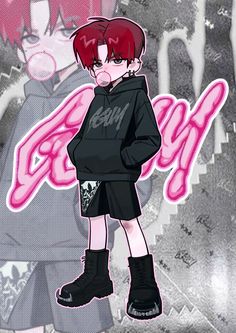 an anime character with red hair and black clothes, standing in front of graffiti covered wall