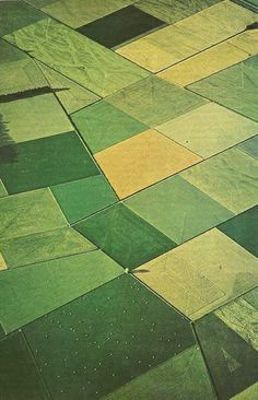 an aerial view of green and yellow fields