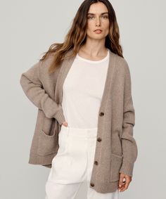 Cashmere Spencer Cardigan Almond With a plush feel and easy, boyfriend-inspired fit, this 100% cashmere cardigan features a jersey stitch and classic pockets to deliver a borrowed-from-the-boys look. Pair this knit with the Demi Pant or Velvet Stella Dress for a cozy layer, or don it as our version of a California coat. Glenna Cashmere Sweater, Jenny Kayne Sweater Coat, Luxury Cashmere Crew Neck Cardigan, Luxury Cashmere Cardigan For Loungewear, Cashmere Cardigan Outfit, Stella Dress, Jenni Kayne, Fall Clothes, Womens Cashmere