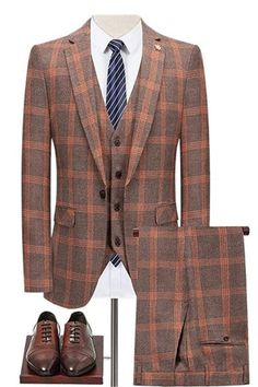 Color: Deep GrayButton: One ButtonOccasion: BusinessNeckline: Notched LapelMaterial: Polyester & Polyester BlendPattern: PlaidPiece: 3 PiecePocket: With Flap Business Suits For Men, Plaid Wedding, Brown Suit, Business Suits, Deep Gray, Reddish Brown, Brown Plaid, Business Suit, Wedding Suits