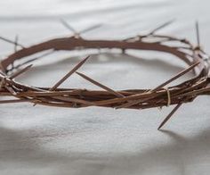 a crown made out of twigs sitting on top of a white sheet