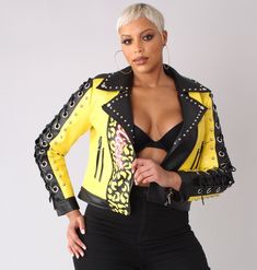 For Her NYC 81778 1 Piece Lace Up Sleeves Graffiti Leather Jacket Color: Yellow/Black Sizes: S, M, L, XL, 1X, 2X Casual Black Biker Jacket For Party, Yellow Fall Party Outerwear, Black Biker Jacket For Spring Party, Spring Party Black Biker Jacket, Black Biker Jacket For Night Out In Spring, Spring Party Biker Outerwear, Spring Biker Outerwear For Party, Spring Yellow Party Outerwear, Yellow Spring Outerwear For Party