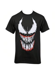 Join the fun and become part of the gang with this officially licensed Venom Face With We Are Venom Teeth T-Shirt. This black Marvel t-shirt is made from cotton and features Venom's Face with We Are Venom Teeth design on the front.Venom Face With We Are Venom Teeth T-Shirt Black Street  Short Sleeve  Animal,Colorblock,Figure,Graphic,Halloween    Men Clothing, size features are:Bust: ,Length: ,Sleeve Length: Black T-shirt With Sublimation Print For Fan Events, Black T-shirt With Front Print For Fan Events, Black Pop Culture T-shirt For Fan Events, Black T-shirt For Halloween And Fan Conventions, Black Halloween T-shirt With Logo Print, Black Tops With Character Print For Fan Events, Cotton Band Merch Tops For Fan Events, Black Tops With Sublimation Print For Fan Events, Pop Culture Black T-shirt For Fan Merchandise