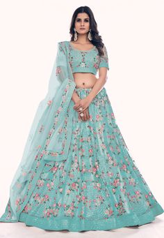 Soft net circular lehenga choli in Turquoise colour 36012  Desc:  Style : Circular Lehenga Choli Color : Turquoise Fabric : Soft Net Work : Sequence   Embroidery Wash Care : Dry clean Sleeve Style : Half Sleeve Long Sleeves : Done only in Custom Stitch Sleeves Lining : Done only in Custom Stitch Bust Size : 32 to 42 Inches Occasion : Wedding   Mehendi   Sangeet   Reception   Ceremonial   Baby Shower   Teej   Engagement. With Express Free Shipping and Custom Stitching, Buy Indian Party wedding an Turquoise Lehenga, Thread Work Lehenga, Lilac Lehenga, Wedding Mehendi, Off White Designer, Indian Wedding Lehenga, Indian Wedding Sarees, Net Blouse, Black Lehenga