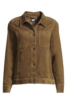 When the weather starts getting cooler and you need an extra layer, you'll love wearing this jacket. The corduroy fabric and classic collar with full-button closure add a touch of timeless style to your look, while the cropped length hits at the waist so it'll pair perfectly with high rise jeans or your favorite skirt. Classic collar and five-button closure Button cuffs Two front patch pockets plus two inseam pockets Modern length: hits just above or at the hip Approximate length: Center of back Classic Corduroy Outerwear With Button Closure, Casual Corduroy Outerwear With Button Cuffs, Classic Corduroy Outerwear With Relaxed Fit, Classic Corduroy Button-up Outerwear, Relaxed Fit Corduroy Outerwear With Button Closure, Classic Button-up Corduroy Outerwear, Classic Relaxed Fit Corduroy Outerwear, Long Sleeve Corduroy Utility Jacket With Button Closure, Corduroy Long Sleeve Utility Jacket With Button Closure