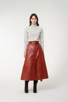 Long sleeve turtleneck sweater. Fitted. Body: 90% Wool, 10% Cashmere Made in Georgia Turtleneck And Skirt Outfit, Turtleneck And Skirt, Long Leather Skirt, Belted Skirt, Faux Leather Midi Skirt, Button Skirt, Leather Midi Skirt, Skirt Belt, Skirt Outfit