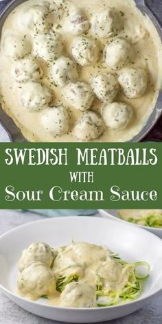 swedish meatballs with sour cream sauce in a skillet and on a plate next to it