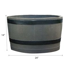 a large gray barrel with black stripes on the side and measurements for each one in front