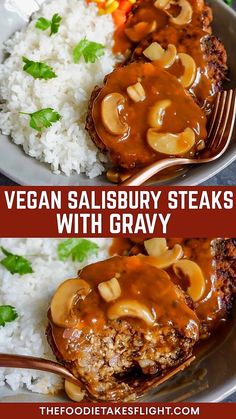 vegan salisbury steaks with gravy served over white rice on a plate