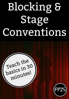 the cover of blocking and stage conventions teach the basics in 30 minutes, with an image of a woman standing behind a red curtain