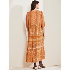 Crafted from 100% viscose, this boho long dress features a beautiful floral pattern and an aline silhouette. The maxi length and ruffle trim add a touch of elegance, making it perfect for casual outings, weekends, holidays, vacations, and beach trips. The crewneck design and regular fit ensure comfort and style. Pair it with high heels for a sweet and fashionable look. Machine washable for easy care. Boho Dresses Long, Crewneck Design, Ballet Dress, Ruched Midi Dress, Dress Orange, Midi Short Sleeve Dress, Women Midi, Line Dress, Floral Ruffle