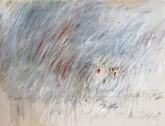 an abstract painting with white, blue and red lines on the bottom half of it