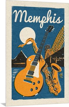 an orange guitar and saxophone on a blue background with the words memphis written above it