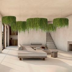 a living room filled with furniture and lots of green plants hanging from the ceiling above