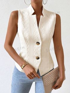 SHEIN USA Elegant Fitted White Sweater Vest, Sleeveless Knit Sweater Vest With Buttons, Fitted Sleeveless Beige Sweater Vest, Fitted Beige Sleeveless Sweater Vest, Fitted Sleeveless Knit Sweater Vest, Chic Fitted Beige Sweater Vest, Sleeveless Knit Vest For Work, Knit Sleeveless Vest For Work, Casual Fitted Sweater Vest With Buttons