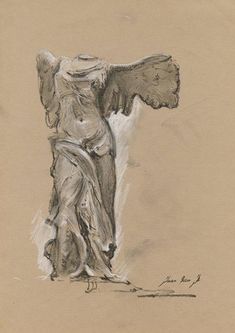 a pencil drawing of a statue with wings on it's head and torso, standing in front of a beige background