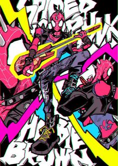 Spiderpunk Art, Spiderman And Spider Gwen, Spider Theme, Neon Artwork, Spectacular Spider Man, Batman Funny