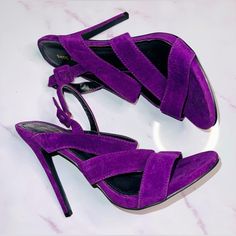 Brand New Never Worn Purple Suede Heels New Condition ***Some Damage To Sole From Removal Of Adhesive Sticker But Never Used Purple Pointed Toe Sandals For Night Out, Purple Suede Heels With Pointed Toe, Purple Suede Evening Heels, Purple Suede Heels For Evening, Purple Suede High Heel Heels, Purple Suede High Heels, Cute Nike Shoes, Purple Suede, Cute Nikes