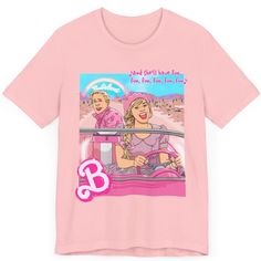 Recommended deadline for delivery by Christmas - Dec. 10 Hi Barbie! 👸 Featuring my original illustration of Barbie and Ken driving in her pink Corvette, inspired by a scene from the Barbie movie. Stay comfortable and stylish with these ultra soft 100% cotton t-shirts! Printed using DTG technology for bright, long-lasting designs! Unisex sizes, please check size chart for measurements. - Ships out in 3-5 business days Tap here to see all of my items featuring Barbie! Thanks for shopping with us! Pink Graphic Tee With Character Print, Pink Sublimation Print T-shirt For Fan Merchandise, Pink T-shirt With Sublimation Print For Fans, Pink Character Print T-shirt For Streetwear, Pink Pop Culture T-shirt With Crew Neck, Pink Crew Neck T-shirt With Pop Culture Style, Pink Top With Front Print For Fan Merchandise, Pink Pop Culture T-shirt With Funny Print, Pink Band Merch T-shirt With Sublimation Print