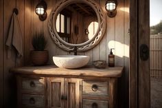 a bathroom sink sitting under a round mirror next to a wooden cabinet and counter top