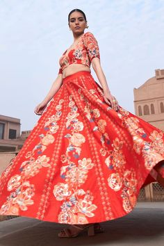 Red bemberg silk lehenga with floral digital printed motifs and sequins embroidery. Comes with a zari embroidered blouse. - Aza Fashions Sweetheart Blouse, Lehenga Pattern, Lehenga Blouse, Silk Lehenga, Sequins Embroidery, Floral Print Blouses, Embroidered Blouse, Set For Women, Aza Fashion