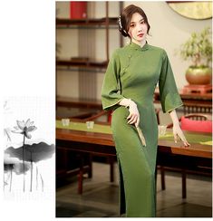 Vintage Cheongsam Dress Green/Blue 4 Spring Elegant Cheongsam With Stand Collar, Elegant Spring Cheongsam With Stand Collar, Long Cheongsam For Tea Ceremony, Green Elegant Cheongsam With Stand Collar, Elegant Green Cheongsam With Stand Collar, Green Dresses For Tea Ceremony, Elegant Fitted Ao Dai For Tea Ceremony, Elegant Long Sleeve Cheongsam For Tea Ceremony, Long Dresses For Tea Ceremony