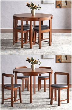 three different views of a table and chairs with one plant in the middle, another on the other side