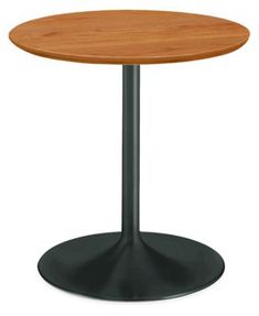 a round wooden table sitting on top of a metal base