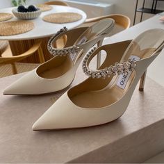 Wore These For Just The Ceremony Of My Wedding And Had Cleaned To Resell. Originally $1095. Size 38 (Us 38) Runs Small, Order A Half Size Up (Usually I Am A 7.5) Comes With The Original Box And Dust Bags Pointed Toe Slip On Crystal-Embellished Instep Strap 4" (100mm) Covered Stiletto Heel Satin Upper, Leather Lining And Sole High Heel Necklace, Wedding Kitten Heels Bridal, Jimmy Choo Bing 100, Wedding Day Shoes, Jimmy Choo Bing, Elegant Wedding Shoes, Arab Wedding, Wedding Shoes Bride, White Wedding Shoes