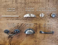 an assortment of kitchen cabinet knobs and handles on a wooden surface with instructions for how to use them