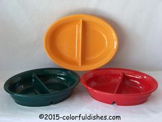 three different colored bowls with lids on each one and the other two are divided into separate sections