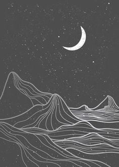 a drawing of mountains and the moon with stars in the sky above them, on a dark background